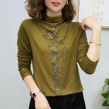 Toamna Iarna Femei de Toate-meci Diamante Îmbinat Topuri 2022 Naveta Solid de Culoare Moda Vintage Jumătate de Înaltă Guler Fleece T-shirt