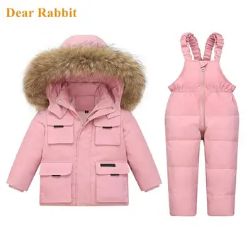 -30 de grade Iarna Copii Snowsuits Fata de Rață în Jos Jachete de Blana Băiat Hanorac Real Blana, haine pentru Copii Salopete Calde Baby Salopeta
