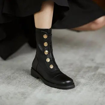 Femei de moda Cizme de Metal Decor Rotund Deget de la picior Toc Patrat Scăzută Femei la Jumătatea vițel Cizme Negre cu Fermoar All-meci Femeie Matură Pantofi