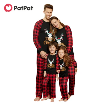 PatPat Crăciun Fericit Scrisoare de Corn de cerb, Print Carouri Lipitură de Potrivire Seturi de Pijamale pentru Familie (Rezistente la Flacără)