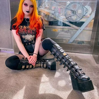 Noi Feminin Platforma Cizme De Moda De Metal Gotic Femei Cizme Genunchi Ridicat Punk Cosplay Pene De Pantofi Cu Tocuri De Femeie Botas De Mujer