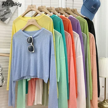 Bomboane Culori cu Maneci Lungi T-shirt Femei Culturilor Topuri Toate-meci de O-neck Tricouri Respirabil Vara Moale Moda Stil coreean Mujer Ins