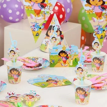 Dora Decor Petrecere Dora Explorer Tacamuri De Unica Folosinta Set Farfurie De Hârtie/Cupa/Servetele/Banner Petrecere De Aniversare Pentru Copii Decor Suppli