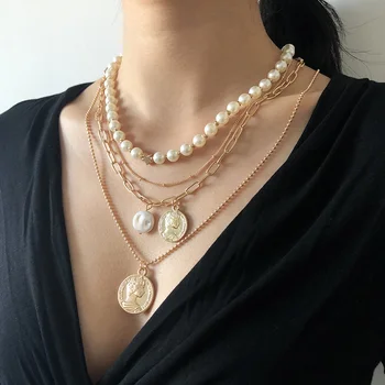 Moda Vintage Boho Perle Artificiale De Culoare De Aur Steaua Cap De Om Monedă Colier Pentru Femei Mai Multe Niveluri Cravată Lanț De Bijuterii Cadou
