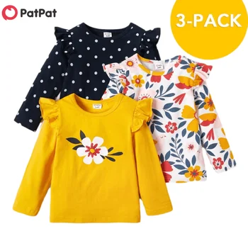 PatPat 3-pack Girls T-shirt 3 buc T-shirt de Toamnă Și de Primăvară Florale Dots Long-sleeve Top Tee Seturi Haine Copii