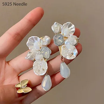 925 Sterling Silver Needle Picătură Legăna Cercei pentru Femei Bijuterii Cristal Alb de Flori de Epocă Elegant Feminin Cercei