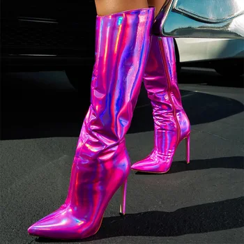 Moda Metalice Sclipici Cizme Lungi pentru Femei Sexy, Pantofi cu Toc Subliniat Toe Doamnelor Cizme Genunchi Ridicat Femeie Tocuri cui