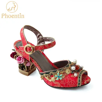 Phoentin Chineză roșu nunta de cristal sandale pentru femei șir de mărgele 2020 flori tocuri metalice catarama curea femei sandale FT467