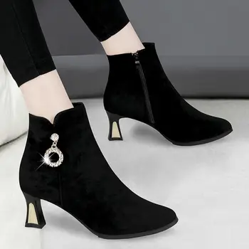 Cresfimix botas de mujer de moda pentru femei plus dimensiune 34 la 41 stilet cizme cu toc doamna toamna și iarna rece negru cizme de piele de căprioară a6501