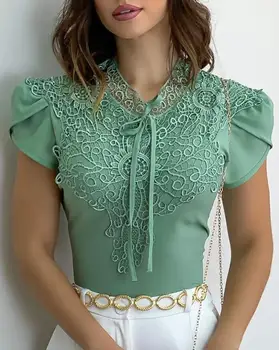 Femeile Puff Maneca Top Verde Menta Dantelă Patch-uri Bluza Casual Eleganta cu Maneci Scurte T-Shirt Toate-Meci Doamna Biroul Purta Haine Y2K