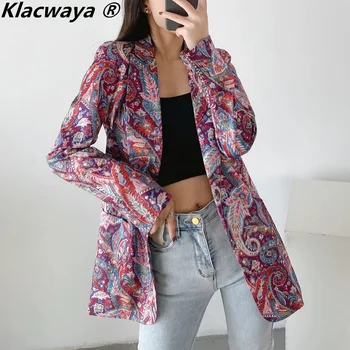 Klacwaya Imprimate Sacou Femei Jachete Pentru Femei 2021 Birou Doamnă Dintata Costum De Sex Feminin De Imprimare Sacouri Buzunare Casual Femei Palton