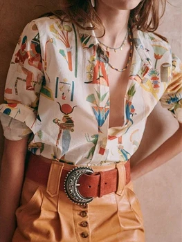 Bluza femei Model Retro Print Sălbatice Elegant Tricou cu Maneca Lunga cu Nasturi 2021 Primavara-Vara de sex Feminin Topuri pentru Vacanță