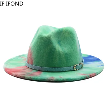 56-58cm Tie dye Wide Brim Fedora Pălărie Femei Bărbați de Lână Simțit Jazz Pălării cu Curea Simpla Biserica Derby Pălărie de Top