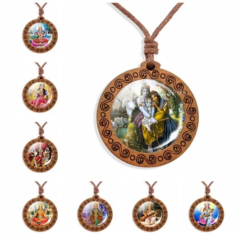 Indian Amuleta Pandantiv Colier Lakshmi, Shiva, Ganesha Foto de Sticlă Cabochon Pandantiv Bijuterii Vintage din Lemn Colier Cadouri pentru Ea