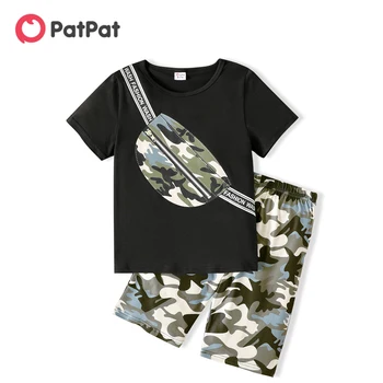 PatPat 2 buc Copil Băiat de Camuflaj Sac de Imprimare Scurt-maneca Tricou și pantaloni Scurți Set