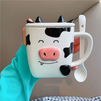 Stereo Vaca Cana de Desene animate Drăguț Animal Ceramice Apa de Sticla cu Capac si Lingura Practice micul Dejun Cuplu Lapte Ceașcă de Cafea