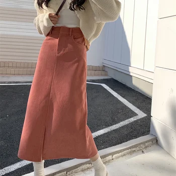 Coreea Style de Înaltă Talie pantaloni de Catifea cord Fusta Lunga Femei de Primavara Toamna Vrac Solid de Culoare Split O linie Casual Fusta de Epocă Elegant