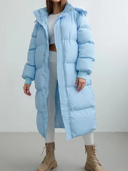Moda de iarnă Cald Albastru Gros cu Gluga Parka pentru Femei 2022 Casual cu Fermoar Buzunare Bumbac Căptușit Negru Lung Puffer Paltoane Femei