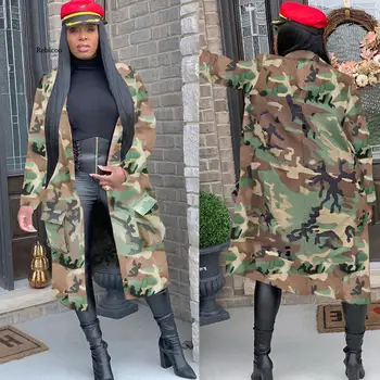 Camuflaj Camuflaj Haina Jacheta Femei Cardigan Supradimensionat Buzunare Militare Streetwear Casual Îmbrăcăminte