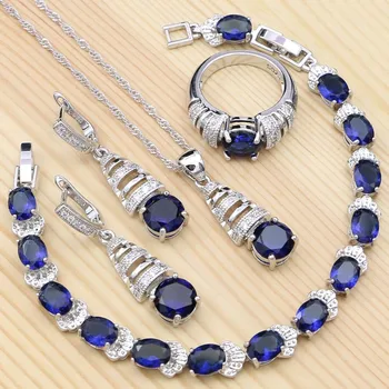 925 de Bijuterii de Argint pentru Femei Blue zircon Cristal Inel Brățară Colier Pandantiv Cercei Bijuterii de Mireasă Kit