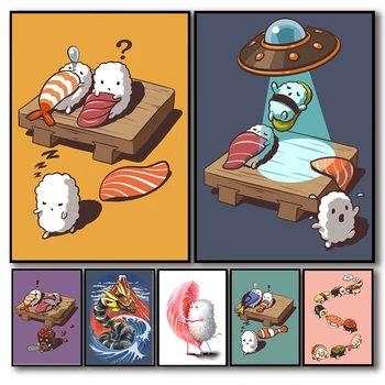 Desen Animat amuzant Sushi Poster Alimente Japoneză Sushi pe Panza Pictura Bucatarie Restaurant Arta de Perete Imagini Acasă Decorare camera