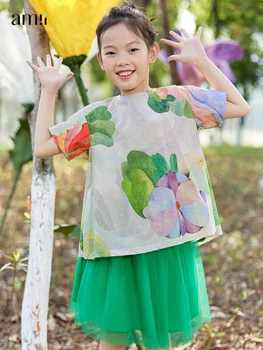 AMII Copii Fete de Vară pentru Copii Seturi de Îmbrăcăminte Maneca Scurta din Bumbac T-Shirt Plasă Plisată Fusta Două Bucata Set Haine Drăguț 22270025