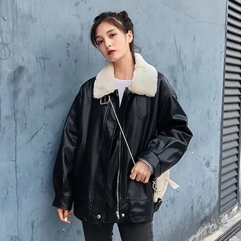 Zoki Toamna Lână Sacou Femei Pu Piele Sacou Negru Faux Blana Haine Supradimensionate Doamna Strada Uza Coreeană De Moda Noua 