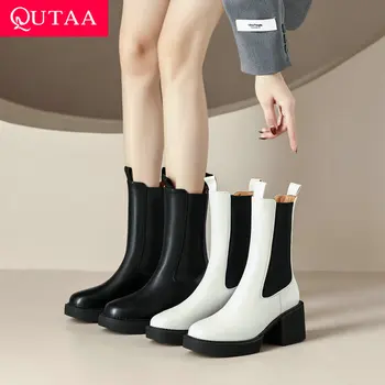 QUTAA 2023 Femei la Jumătatea Vițel Cizme Chelsea Platforme din Piele Tocuri Groase Rotund Toe Pantofi de Femeie Iarna Dimensiune 34-40