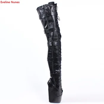 Personalizate de Balet Wedge Boots Femei New Sosire 2022 Solid Negru Rotund Deget de la picior Peste Genunchi din Piele de Brevet Sexy Pantofi de Moda