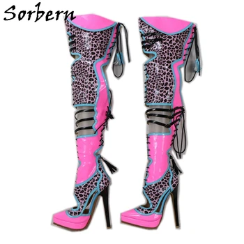 Sorbern Personalizate La Mijlocul Coapsei Cizme Femei A Subliniat Toe Platforma Toc Stiletto Leopard Strălucitor Roz Fetiș Pantofi Dantela-Up