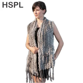 HSPL Tricotate Vesta de Blana 2019 Nou Fierbinte de Vânzare de Moda Lung de Cașmir Tricotate Blană Ciucure Buzunar Iepure Vesta colete feminino franjas