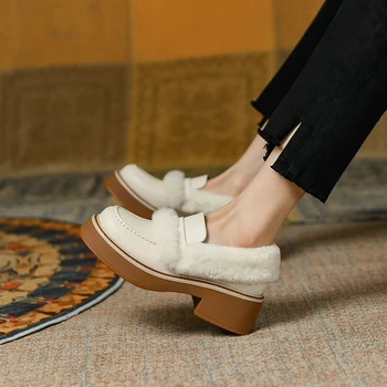 Iarna din Piele Femei Pantofi Casual Lână Cald Slip-On Mocasini Rotund-Deget de la picior Toc Indesata Pompe de Pantofi pentru Femei Pantofi Platforma
