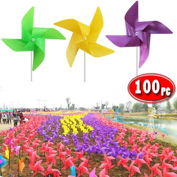 100buc Moară de vânt+ 100buc Stâlp din Plastic rezistent la apa Moară de vânt Jucarii de Gradina Gazon Partid Decor Jucarie Cadou pentru Copii, Jucarii artizanale
