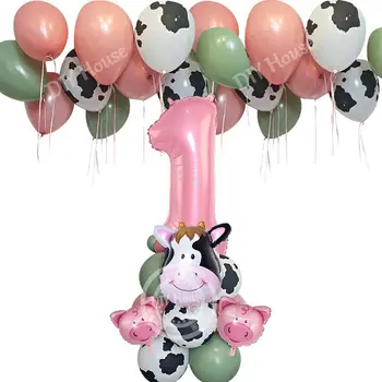 1set Cutie de Animale de Fermă Vaca/Porc Baloane Turnul cu Numărul de Balon Roz pentru Fete de Animale de Fermă Tematice Petrecere Decoratiuni