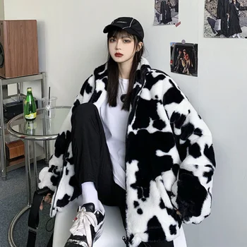 Iarnă Cu Blană De Pluș Haina Femei Harajuku Lactate, Lapte De Vaca De Imprimare Vrac Faux Blana Jacheta Vintage Hip Hop Cald Streetwear Pufos Drăguț