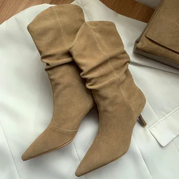 Vaca piele de Căprioară Glezna Cizme a Subliniat Toe de Iarnă Pantofi pentru Femeie Cizme Moderne Aluneca Pe Toc 6.5 CM Femei Pantofi Simpli Coreea Style botas