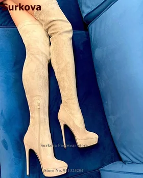 Surkova Nud Negru piele de Căprioară cu Toc Platforma Coapsei Cizme Femei Slim Fit Over-the-genunchi Cizme Gladiator în aer liber Pantofi Rochie