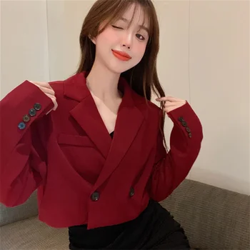 Sacouri Femei Chic Lady Dublu Pieptul Blazer Vintage Strat Coreean Primavara Vrac Office-Eleganta, Cu Maneci Lungi Îmbrăcăminte Îmbrăcăminte