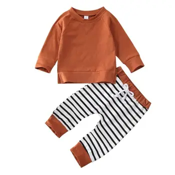 Copilul de Primavara Toamna Îmbrăcăminte Copil Copil Copil Băiat Solidă Maneca Lunga T-shirt cu Dungi Pantaloni Lungi 2 buc Tinuta Set Haine 0-24M