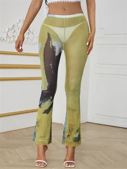 InGrily Vara Plasă De Pantaloni De Moda Pentru Femei Estetice Tie Dye Print Fundul Mijlocul Talie Body-Shaping Strada Attirewear Pantaloni 
