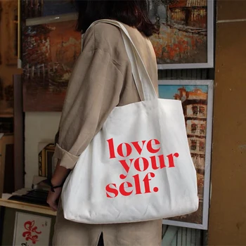Iubirea De Sine Dumneavoastră De Imprimare Harajuku Saci De Umăr Panza De Cumpărături Pungă Amuzant Tote Sac Reutilizabil Eco De Călătorie Portabil Geantă Shopper