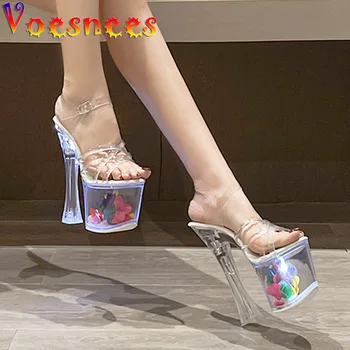 Toc Pătrat Femeie Sandale Club De Lumina Stralucitoare Polul Dans Sexy Transparent Banda De Pantofi Nou Luminos Clar Tocuri Platforma