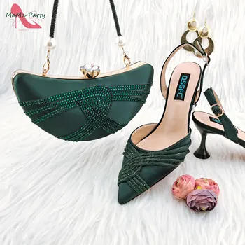 2023 Înaltă Calitate Femei Mature Pantofi și Geantă Set de Culoare Verde Subliniat Toe Fierbinte Vanzare Sandale pentru Petrecere in Gradina