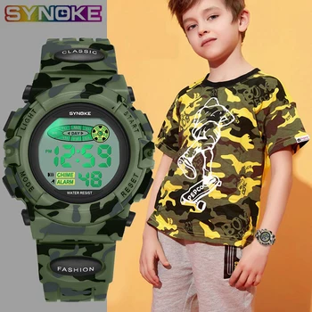 SYNOKE Sport Militare Copii Ceasuri Digitale Student Copii Ceas de Moda Luminos Led-uri de Alarmă Camuflaj Verde Băiat Ceas