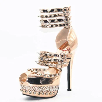 Minan Ser Noi,pentru Femei, Sandale, Tocuri inalte, Aur Nit Toe Sandale, 16 cm inaltime Femei Pantofi de Moda