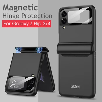 Caz de lux pentru Galaxy Z Flip 3 4 5G Magnetic Balama Complet Capacul de Protecție aparat de Fotografiat de Afaceri de Sticlă Greu Înapoi Caz pentru Z Flip3 Flip4
