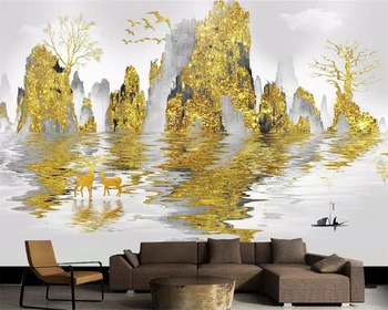 Tapet chinez picturi abstracte răsărit de soare de aur cerneală peisaj Nordic TV de perete de fundal de îmbunătățire acasă tapet 3d