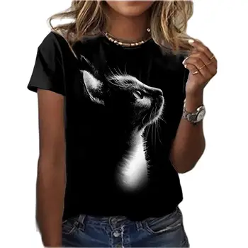 Femei 3D cat vopsea T-shirt, 3D pisica animal print crew neck basic negru T-shirt, femei casual supradimensionate T-shirt